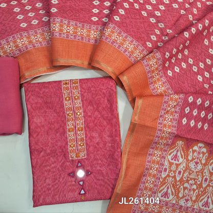 Pink & orange digital printed chanderi silk cotton unstitched salwar material,printed yoke with mirror work(Lining Needed)spun cotton bottom, digital printed chanderi silk cotton dupatta with tissue borders and lace tapping. JL261404