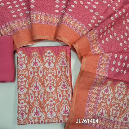 Pink & orange digital printed chanderi silk cotton unstitched salwar material,printed yoke with mirror work(Lining Needed)spun cotton bottom, digital printed chanderi silk cotton dupatta with tissue borders and lace tapping. JL261404