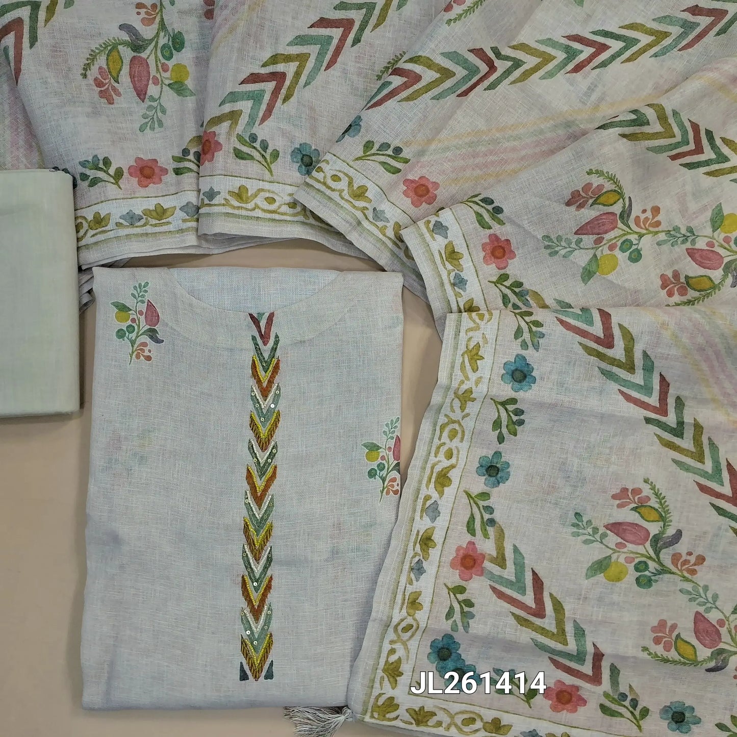 Designer light grey pure linen unstitched salwar material, sugar bead and thread work on yoke,floral printed all over,(lining needed)drum dyed cotton fabric provided for lining, NO BOTTOM,digital printed premium linen dupatta. JL261414