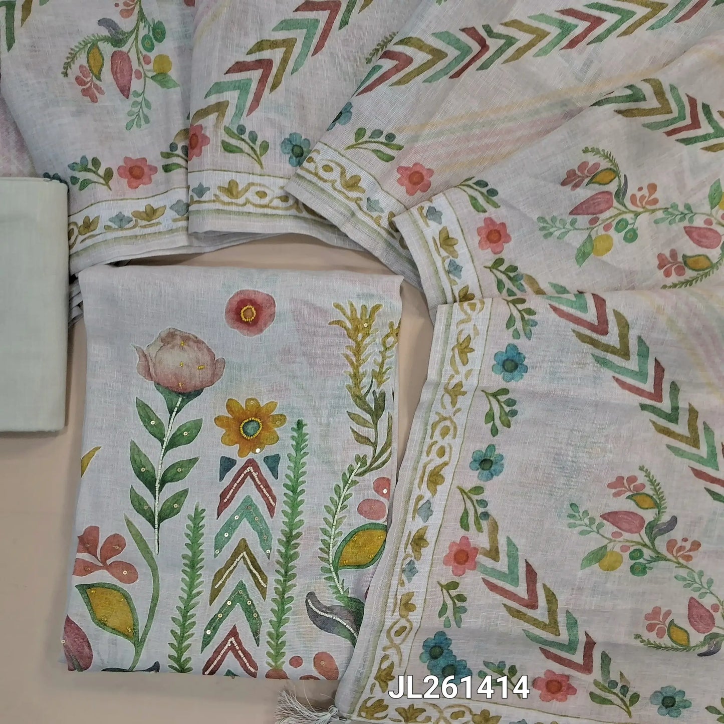 Designer light grey pure linen unstitched salwar material, sugar bead and thread work on yoke,floral printed all over,(lining needed)drum dyed cotton fabric provided for lining, NO BOTTOM,digital printed premium linen dupatta. JL261414