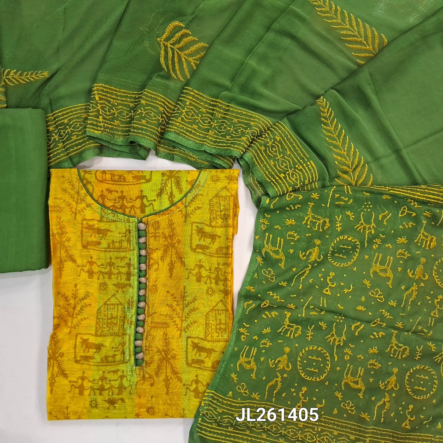 Yellow & green warli printed fancy silk cotton unstitched salwar material, potli buttons on yoke,(lining needed)green cotton bottom,block printed chiffon dupatta. JL261405