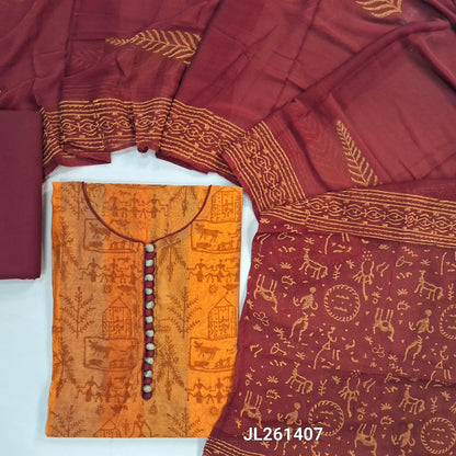 Peach & yellow warli printed fancy silk cotton unstitched salwar material, potli buttons on yoke,(lining needed)maroon cotton bottom,block printed chiffon dupatta. JL261407