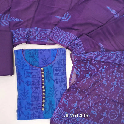 Dark blue & light blue warli printed fancy silk cotton unstitched salwar material, potli buttons on yoke,(lining needed)beetroot purple cotton bottom,block printed chiffon dupatta. JL261406