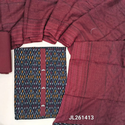 Black ikat printed pure cotton unstitched salwar material,fancy buttons on yoke,(lining optional)maroon cotton bottom, block printed and self design on pure mul cotton dupatta. JL261413