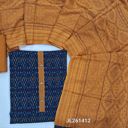 Dark blue ikat printed pure cotton unstitched salwar material,fancy buttons on yoke,(lining optional)mehandhi yellow cotton bottom, block printed and self design on pure mul cotton dupatta. JL261412