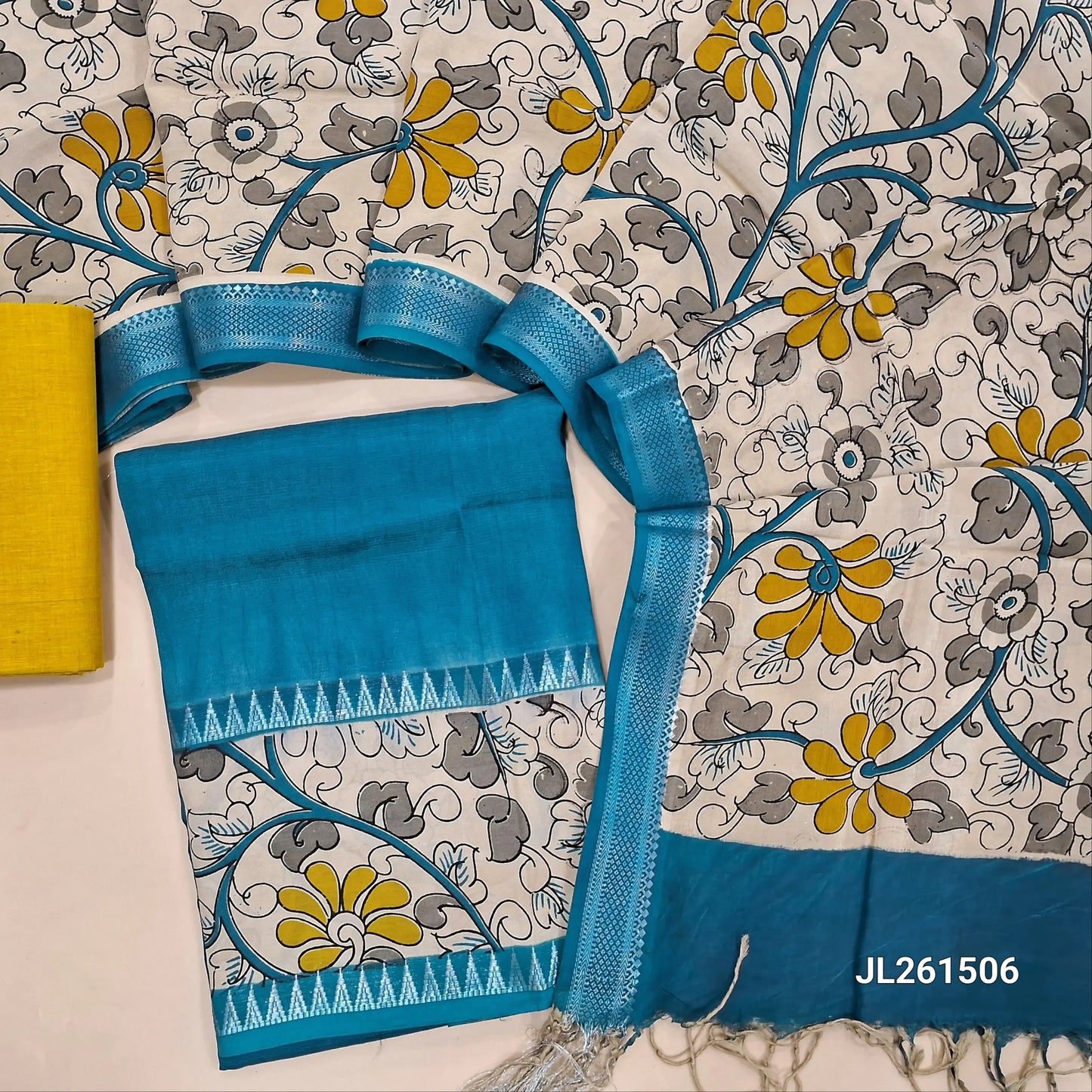 Turquoise blue assam silk unstitched salwar material,kalamkari block print daman with zari weaving(Lining Needed)silky/cotton bottom, kalamkari block printed assam silk dupatta with nizam borders(INCONSISTENCY IN PRINTS AND DYES ARE NOT DEFECTS. JL261506