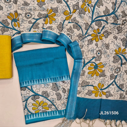 Turquoise blue assam silk unstitched salwar material,kalamkari block print daman with zari weaving(Lining Needed)silky/cotton bottom, kalamkari block printed assam silk dupatta with nizam borders(INCONSISTENCY IN PRINTS AND DYES ARE NOT DEFECTS. JL261506