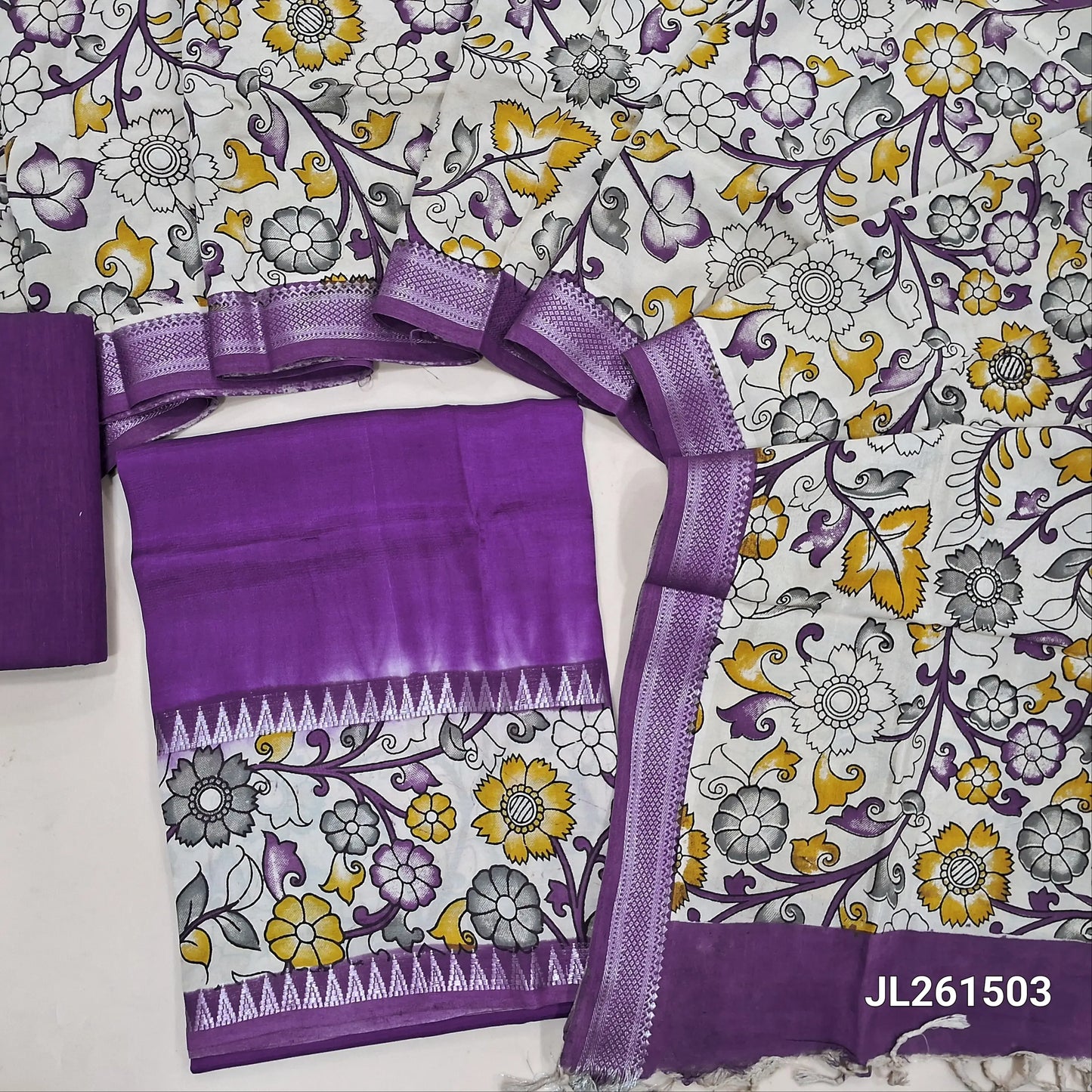 Purple assam silk unstitched salwar material,kalamkari block print daman with zari weaving(Lining Needed)silky/cotton bottom, kalamkari block printed assam silk dupatta with nizam borders(INCONSISTENCY IN PRINTS AND DYES ARE NOT DEFECTS. JL261503