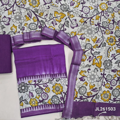Purple assam silk unstitched salwar material,kalamkari block print daman with zari weaving(Lining Needed)silky/cotton bottom, kalamkari block printed assam silk dupatta with nizam borders(INCONSISTENCY IN PRINTS AND DYES ARE NOT DEFECTS. JL261503