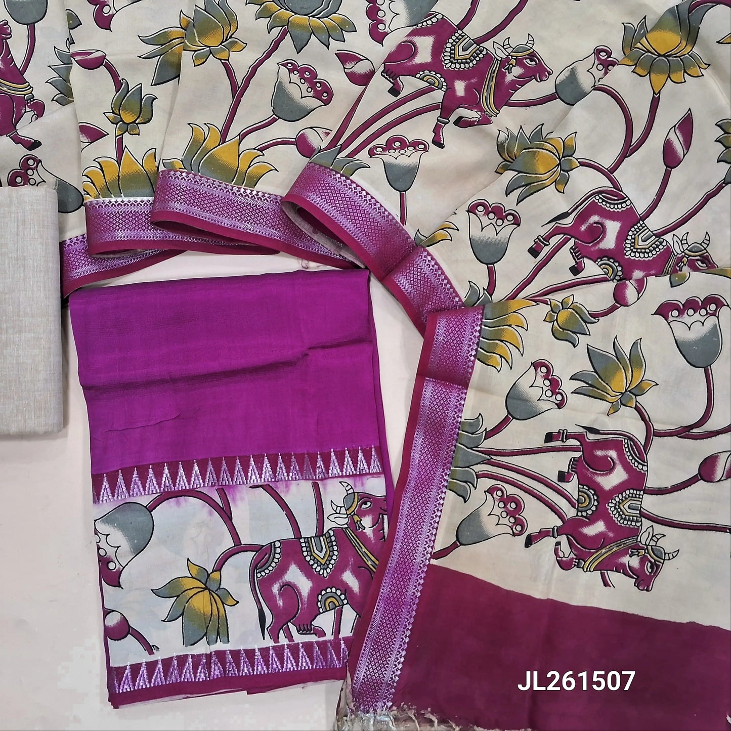 Pink assam silk unstitched salwar material,kalamkari block printed daman with zari weaving(Lining Needed)silky/cotton bottom, kalamkari hand block printed assam silk dupatta with nizam borders(INCONSISTENCY IN PRINTS AND DYES ARE NOT DEFECTS. JL261507