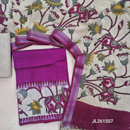 Pink assam silk unstitched salwar material,kalamkari block printed daman with zari weaving(Lining Needed)silky/cotton bottom, kalamkari hand block printed assam silk dupatta with nizam borders(INCONSISTENCY IN PRINTS AND DYES ARE NOT DEFECTS. JL261507