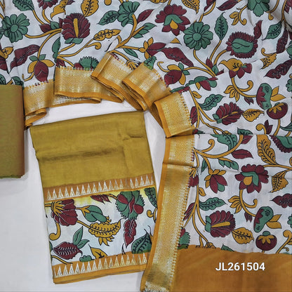 Mehandhi yellow assam silk unstitched salwar material,kalamkari block print daman with zari weaving(Lining Needed)silky/cotton bottom, kalamkari block printed assam silk dupatta with nizam borders(INCONSISTENCY IN PRINTS AND DYES ARE NOT DEFECTS. JL261504