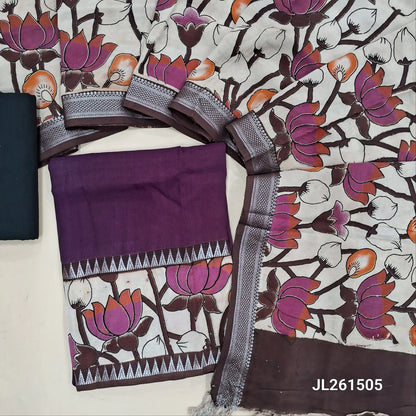 Beetroot purple assam silk unstitched salwar material,kalamkari block print daman with zari weaving(Lining Needed)silky/cotton bottom, kalamkari block printed assam silk dupatta with nizam borders(INCONSISTENCY IN PRINTS AND DYES ARE NOT DEFECTS. JL261505