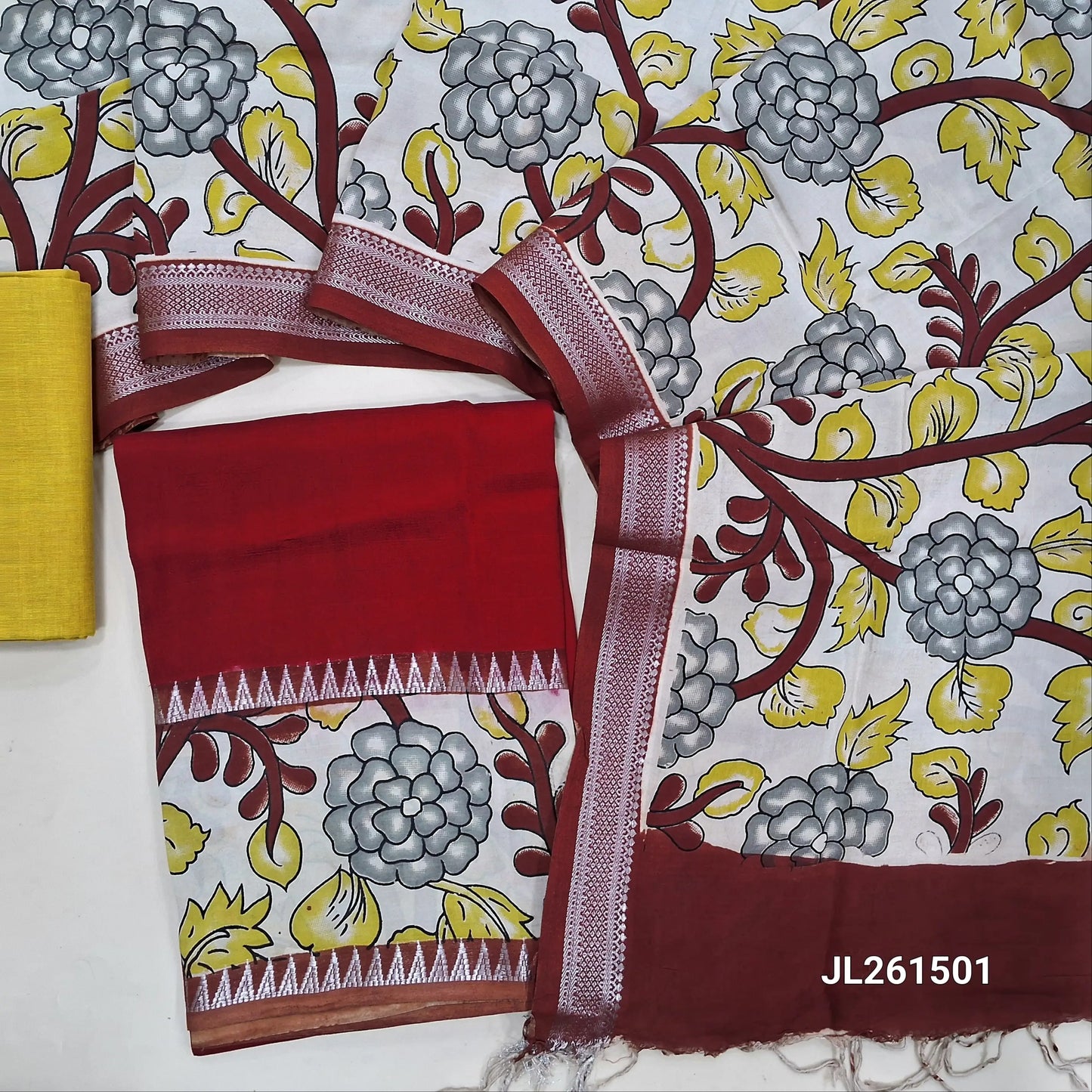 Reddish maroon assam silk unstitched salwar material,kalamkari block print daman with zari weaving(Lining Needed)silky/cotton bottom, kalamkari block printed assam silk dupatta with nizam borders(INCONSISTENCY IN PRINTS AND DYES ARE NOT DEFECTS. JL261501