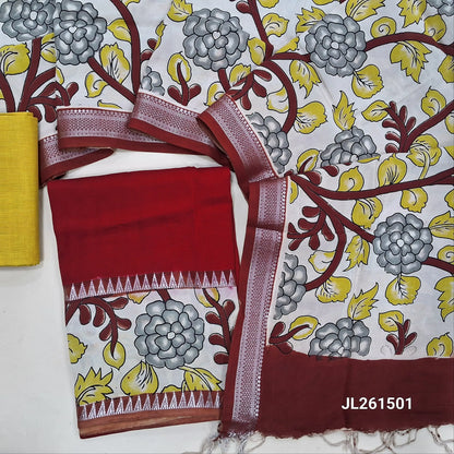 Reddish maroon assam silk unstitched salwar material,kalamkari block print daman with zari weaving(Lining Needed)silky/cotton bottom, kalamkari block printed assam silk dupatta with nizam borders(INCONSISTENCY IN PRINTS AND DYES ARE NOT DEFECTS. JL261501