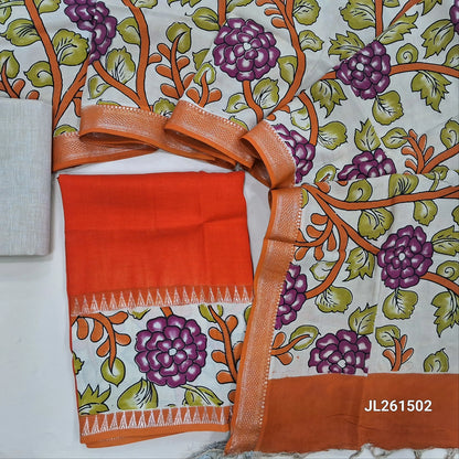 Bright orange assam silk unstitched salwar material,kalamkari block print daman with zari weaving(Lining Needed)silky/cotton bottom, kalamkari block printed assam silk dupatta with nizam borders(INCONSISTENCY IN PRINTS AND DYES ARE NOT DEFECTS. JL261502