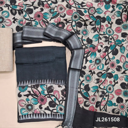 Black assam silk unstitched salwar material,kalamkari block printed daman with zari weaving(Lining Needed)silky/cotton bottom, kalamkari hand block printed assam silk dupatta with nizam borders(INCONSISTENCY IN PRINTS AND DYES ARE NOT DEFECTS. JL261508