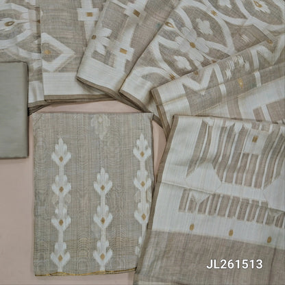 Rich beige soft silk cotton unstitched salwar material, gold zari and thread weaving all over,(lining needed)silky bottom, thread weaving full length soft silk cotton dupatta. JL261513