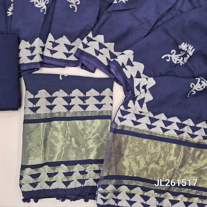 Dark blue wax batik soft silk cotton unstitched salwar material,tissue daman with pom pom tapping(lining needed)spun cotton bottom, wax batik on silk cotton dupatta with tissue pallu and pom pom tapping. JL261517