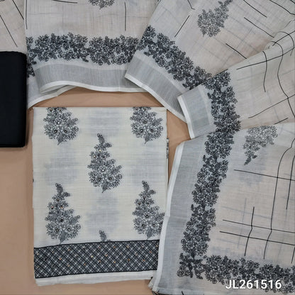 Off white base printed semi linen unstitched salwar material,faux mirror and sequins work on front, (lining needed)black silky bottom,printed semi linen dupatta with silver tissue border and tassles. JL261516