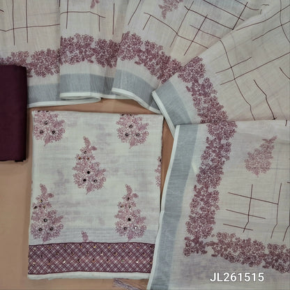 Off white base printed semi linen unstitched salwar material,faux mirror and sequins work on front, (lining needed)pink silky bottom,printed semi linen dupatta with silver tissue border and tassles. JL261515