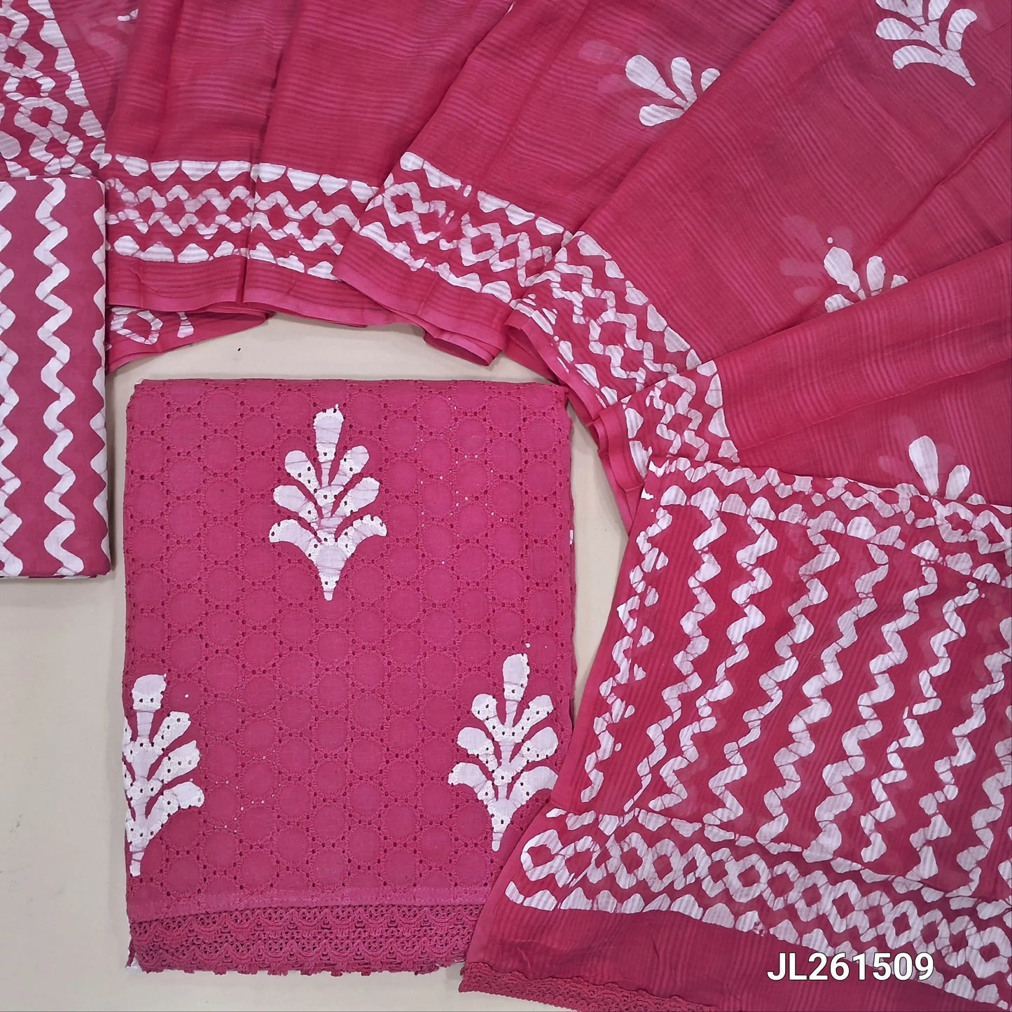 Pink schiffli embroidered batik cotton unstitched salwar material(lining needed)cut work & self embroidery work on front, zig zag cotton bottom,batik pure mul cotton dupatta. JL261509