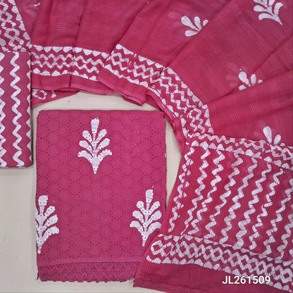 Pink schiffli embroidered batik cotton unstitched salwar material(lining needed)cut work & self embroidery work on front, zig zag cotton bottom,batik pure mul cotton dupatta. JL261509