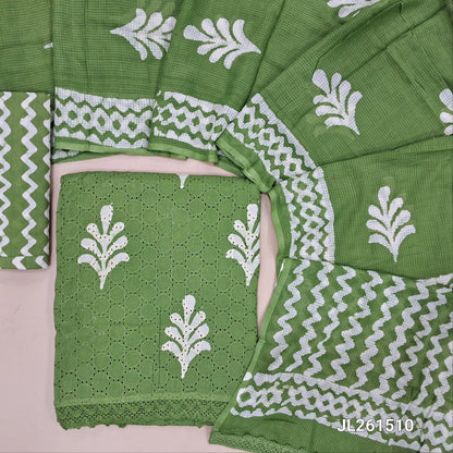 Leafy green schiffli embroidered batik cotton unstitched salwar material(lining needed)cut work & self embroidery work on front, zig zag cotton bottom,batik pure mul cotton dupatta. JL261510