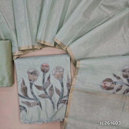 Pastel green with golden tint tissue silk cotton unstitched salwar material,applique work on daman (thin, lining needed)silk cotton bottom, applique work on full length tissue silk cotton dupatta with gold tissue borders. JL261603