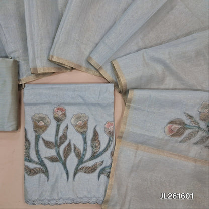 Silver grey with golden tint tissue silk cotton unstitched salwar material,applique work on daman (thin, lining needed)silk cotton bottom, applique work on full length tissue silk cotton dupatta with gold tissue borders. JL261601