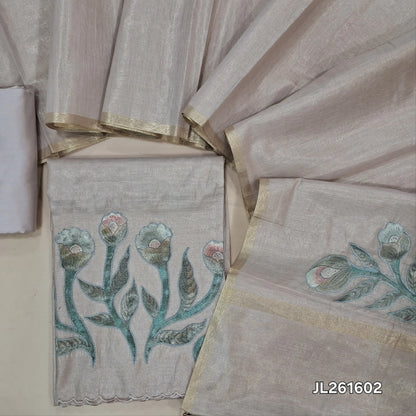 Salmon pink with golden tint tissue silk cotton unstitched salwar material,applique work on daman (thin, lining needed)silk cotton bottom, applique work on full length tissue silk cotton dupatta with gold tissue borders. JL261602