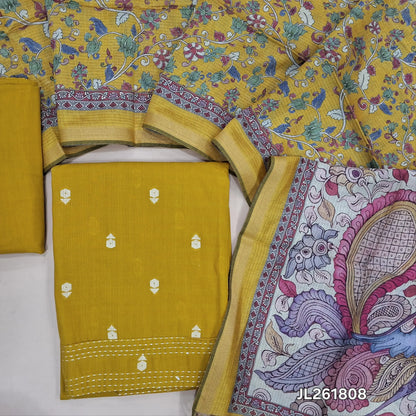 Mehandhi yellow premium handloom cotton unstitched salwar material,thread woven buttas all over, kantha stitch daman,(lining needed)cotton bottom, digital printed premium chanderi silk cotton dupatta with tissue borders. JL261808