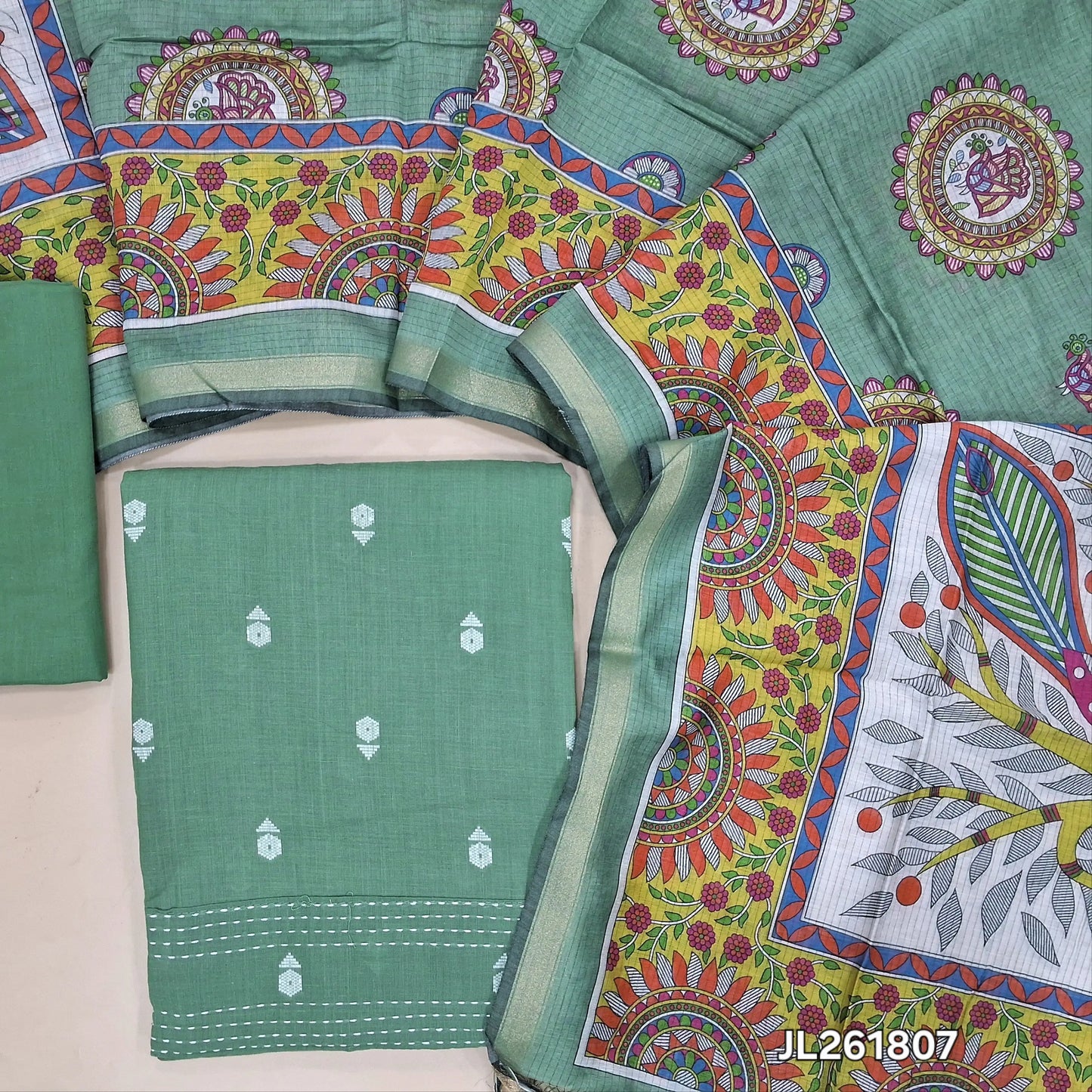 Sage green premium handloom cotton unstitched salwar material,thread woven buttas all over, kantha stitch daman,(lining needed)cotton bottom, digital printed premium chanderi silk cotton dupatta with tissue borders. JL261807
