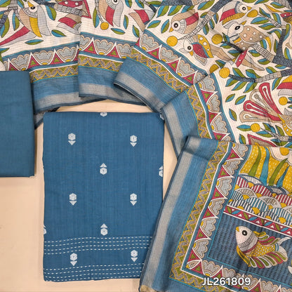 Teal blue premium handloom cotton unstitched salwar material,thread woven buttas all over, kantha stitch daman,(lining needed)cotton bottom, digital printed premium chanderi silk cotton  dupatta with tissue borders. JL261809