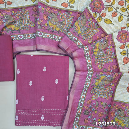 Pink premium handloom cotton unstitched salwar material,thread woven buttas all over, kantha stitch daman,(lining needed)cotton bottom, digital printed premium chanderi silk cotton dupatta with tissue borders. JL261806