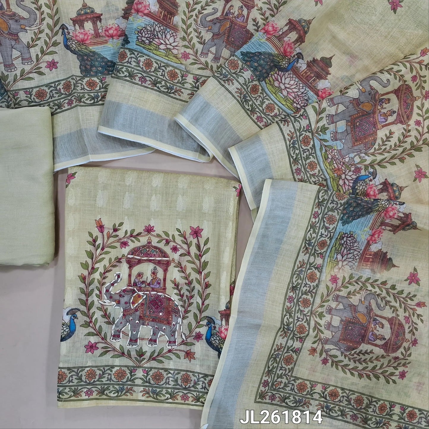 Light beige jakard linen unstitched salwar material,floral design on front, digital printed with kantha stitch and french knot work on daman,(lining needed)spun cotton bottom,digital printed semi linen dupatta with silver tissue borders. JL261814