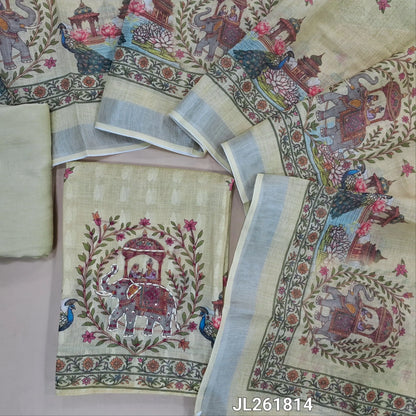 Light beige jakard linen unstitched salwar material,floral design on front, digital printed with kantha stitch and french knot work on daman,(lining needed)spun cotton bottom,digital printed semi linen dupatta with silver tissue borders. JL261814