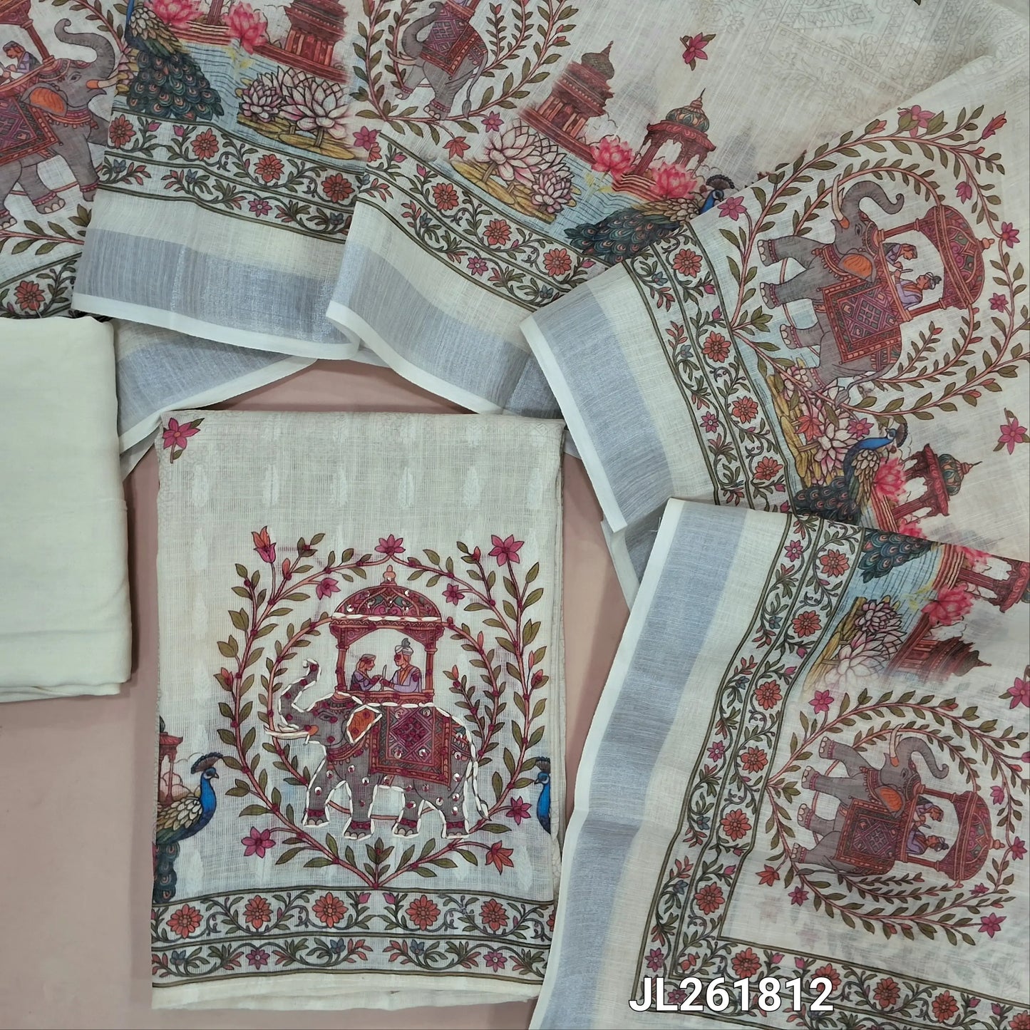 Off white jakard linen unstitched salwar material,floral design on front, digital printed with kantha stitch and french knot work on daman,(lining needed)spun cotton bottom,digital printed semi linen dupatta with silver tissue borders. JL261812