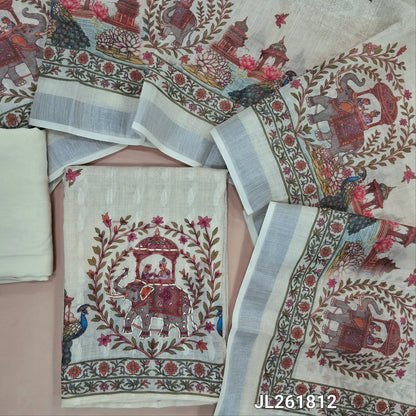 Off white jakard linen unstitched salwar material,floral design on front, digital printed with kantha stitch and french knot work on daman,(lining needed)spun cotton bottom,digital printed semi linen dupatta with silver tissue borders. JL261812