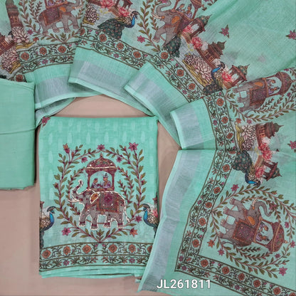 Sea green jakard linen unstitched salwar material,floral design on front, digital printed with kantha stitch and french knot work on daman,(lining needed)spun cotton bottom,digital printed semi linen dupatta with silver tissue borders. JL261811