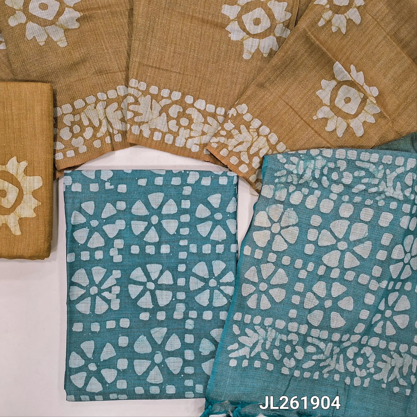 Blueish grey wax batik bhagalpuri jute silk cotton unstitched salwar material,(lining optional)mehandhi yellow batik jute silk cotton bottom,dual shaded wax batik design on bhagalpuri  jute silk cotton dupatta. JL261905