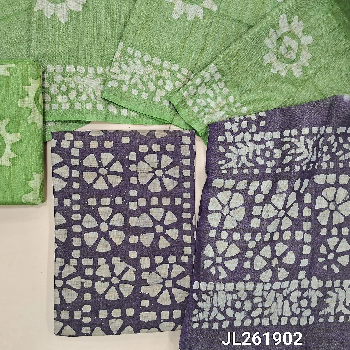 Purplish blue wax batik bhagalpuri jute silk cotton unstitched salwar material,(lining optional)green batik jute silk cotton bottom,dual shaded wax batik design on bhagalpuri  jute silk cotton dupatta. JL261903