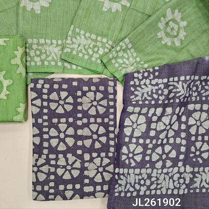 Purplish blue wax batik bhagalpuri jute silk cotton unstitched salwar material,(lining optional)green batik jute silk cotton bottom,dual shaded wax batik design on bhagalpuri  jute silk cotton dupatta. JL261903