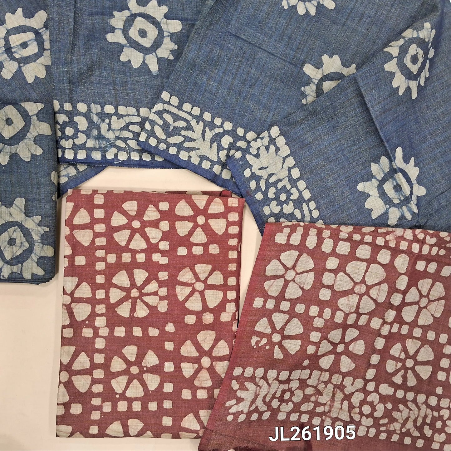 Maroon wax batik bhagalpuri jute silk cotton unstitched salwar material,(lining optional)blue batik jute silk cotton bottom,dual shaded wax batik design on bhagalpuri  jute silk cotton dupatta. JL261904