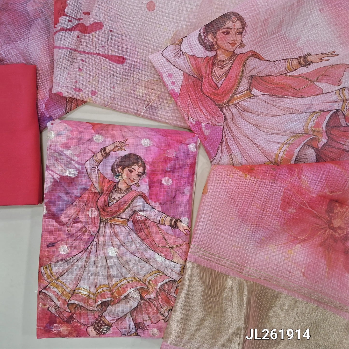 Pastel pink & dark pink benarasi chanderi kota unstitched salwar material, zari buttas all over,digital printed on daman,( lining needed)spun cotton bottom,digital printed premium benarasi chanderi kota dupatta with tissue pallu. JL261914