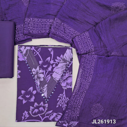 Dark purple floral printed soft cotton unstitched salwar material,zari line & real mirror work on yoke, (lining optional) matching cotton bottom, block printed kota silk cotton dupatta.JL261913