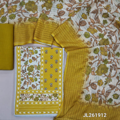 Off white base flex cotton unstitched salwar material, printed yoke patch(soft,Lining optional)mehandhi yellowcotton bottom,digital printed silk cotton dupatta. JL261912