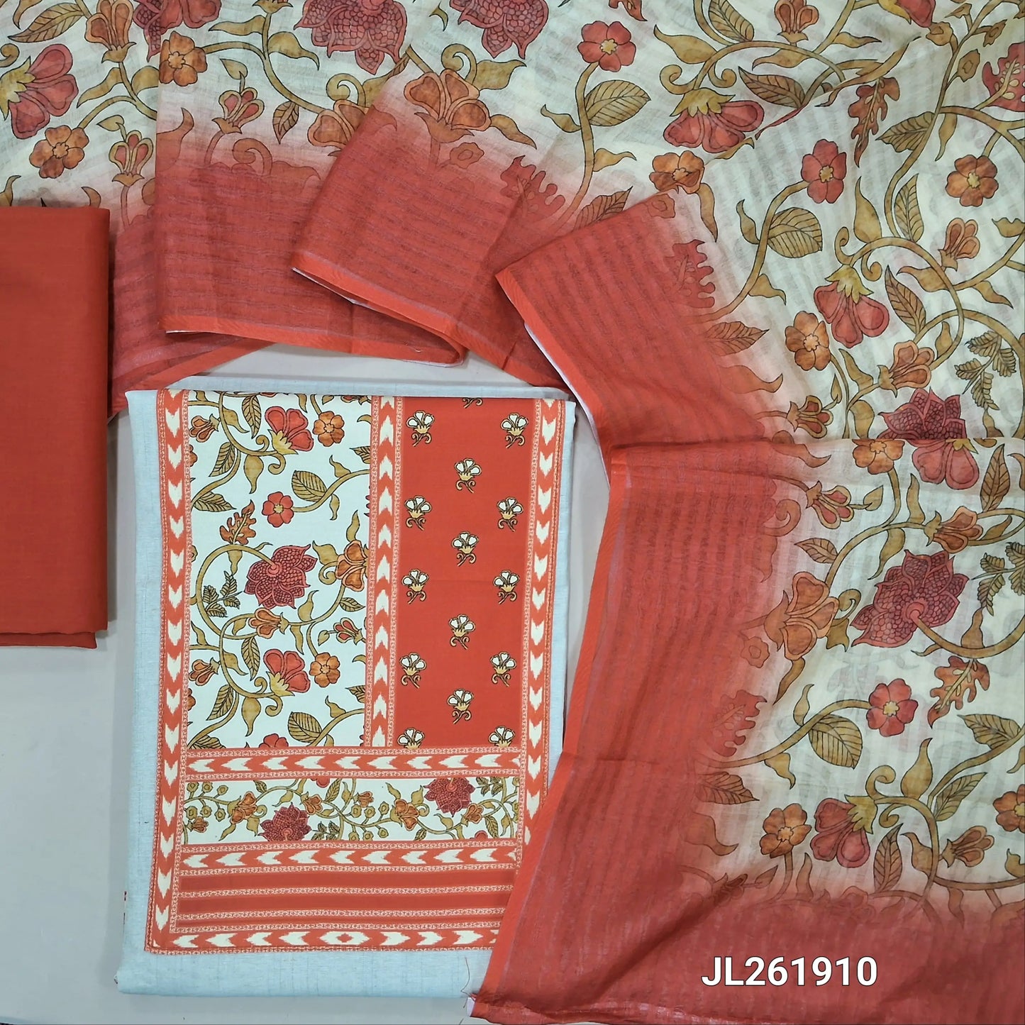 Off white base flex cotton unstitched salwar material, printed yoke patch(soft,Lining optional)rust orange cotton bottom,digital printed silk cotton dupatta. JL261910