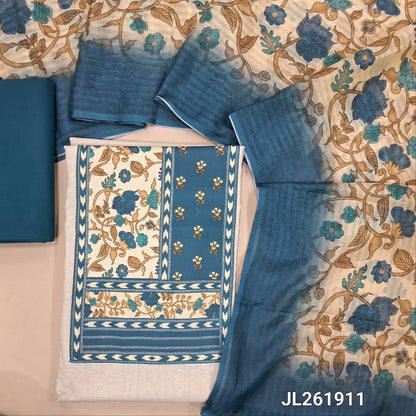 Off white base flex cotton unstitched salwar material, printed yoke patch(soft,Lining optional)teal blue cotton bottom,digital printed silk cotton dupatta. JL261911