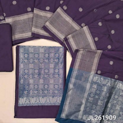Dark purple benarasi silk cotton unstitched salwar material,(TEAL BLUE)brocade weaving yoke patch and daman (lining needed)silk cotton bottom,zari buttas on full length silk cotton dupatta with borders and contrast pallu. JL261909